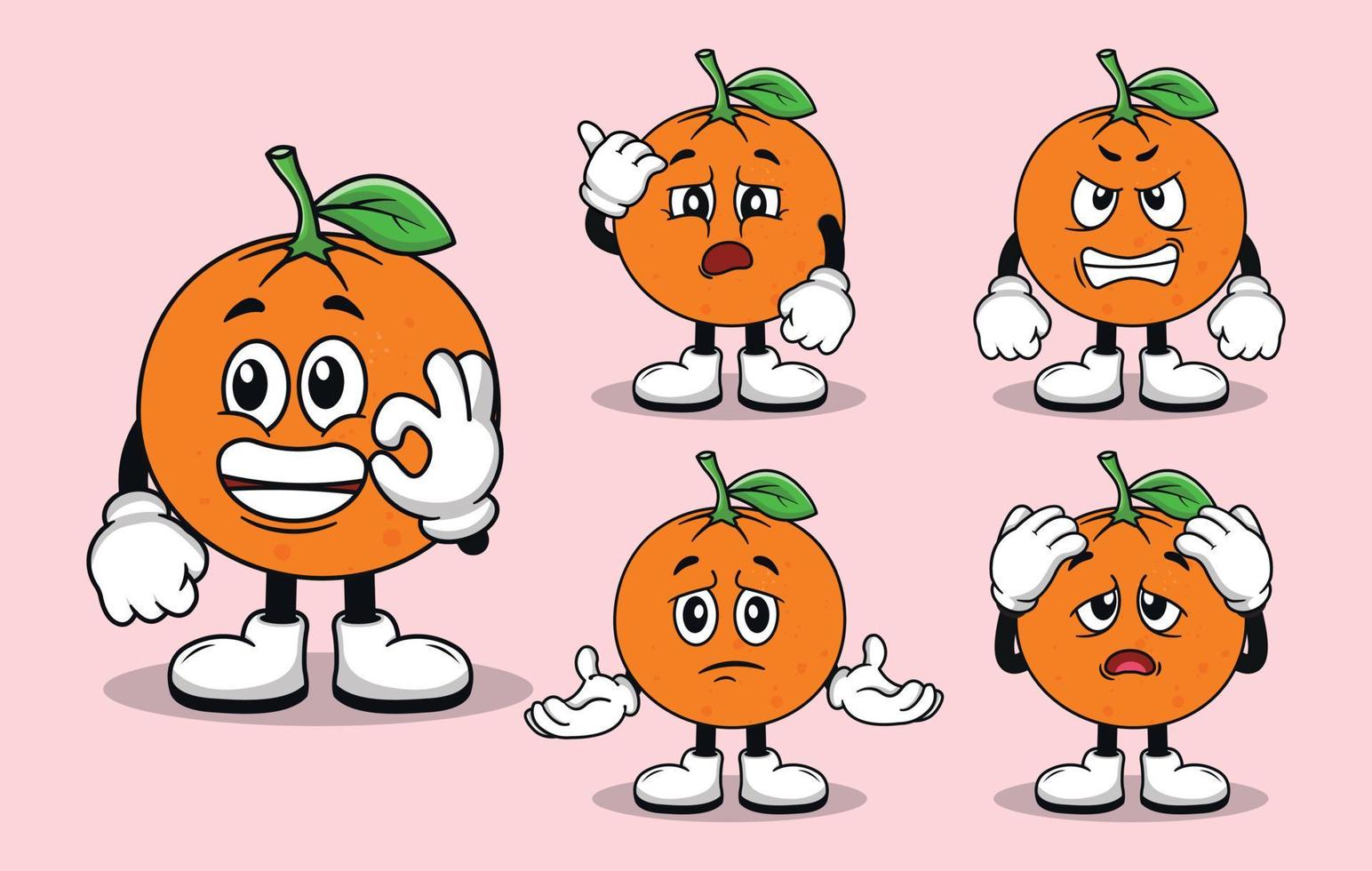 linda mascota de fruta naranja con varios tipos de expresiones colección vector