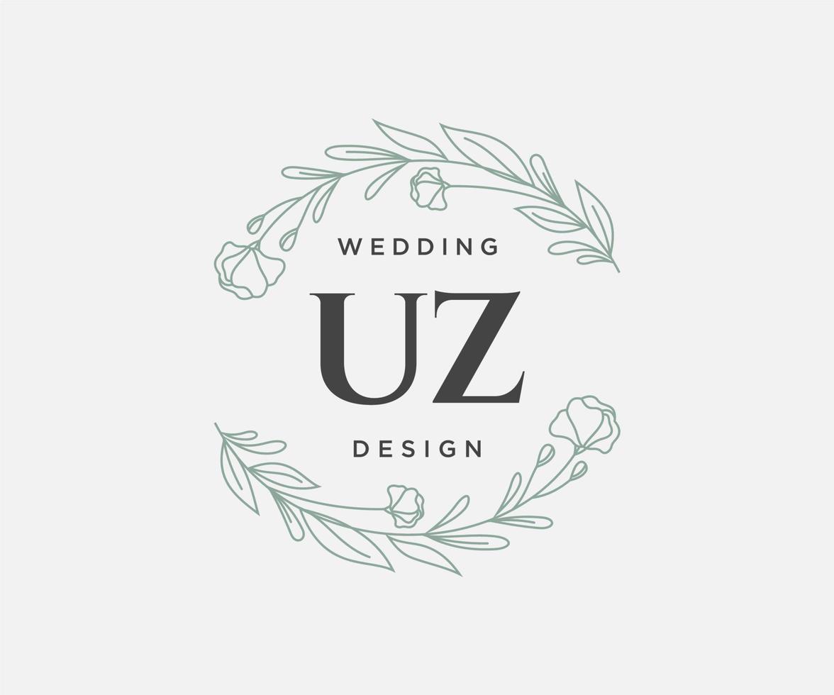 colección de logotipos de monograma de boda con letras iniciales uz, plantillas florales y minimalistas modernas dibujadas a mano para tarjetas de invitación, guardar la fecha, identidad elegante para restaurante, boutique, café en vector