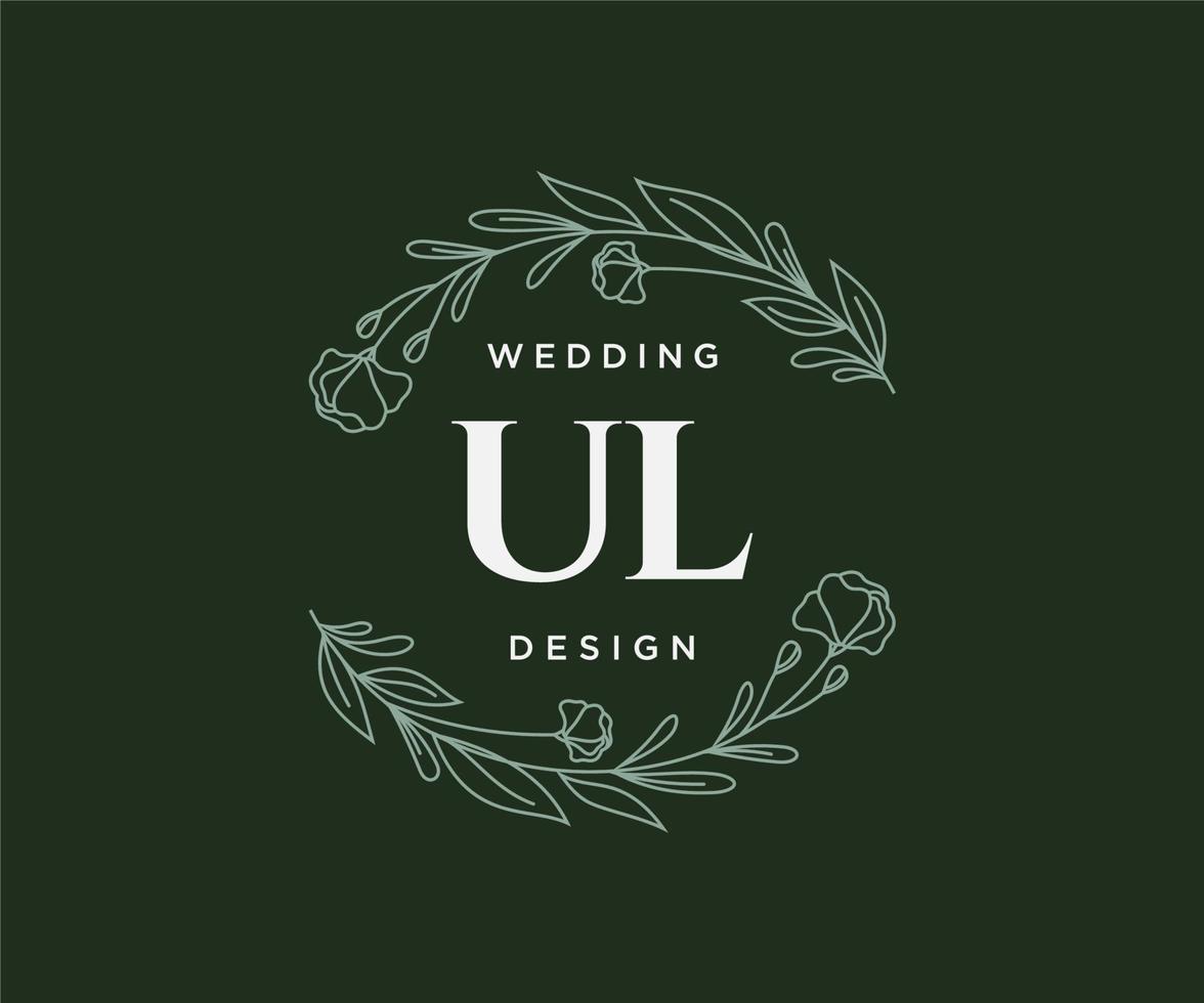 Colección de logotipos de monograma de boda con letras iniciales ul, plantillas florales y minimalistas modernas dibujadas a mano para tarjetas de invitación, guardar la fecha, identidad elegante para restaurante, boutique, café en vector