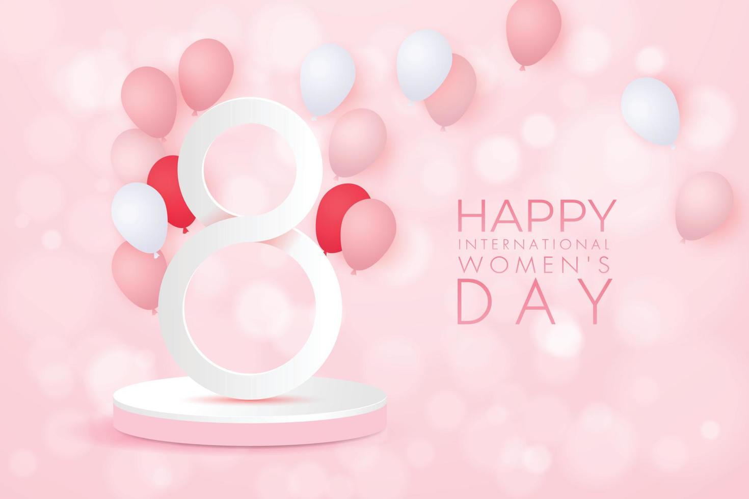 8 March. International Womens Day sales design template. Festive background with number 8, pink and white balloon, white number 8 on pink round podium. Vector stock illustration.