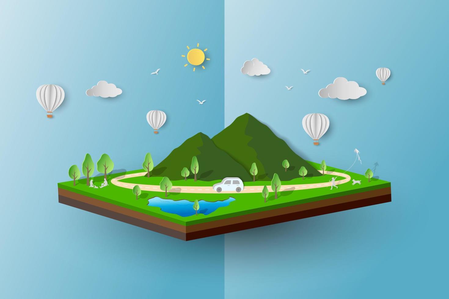 Travel with nature scenery on springtime,spring mountain meadow on isometric background vector