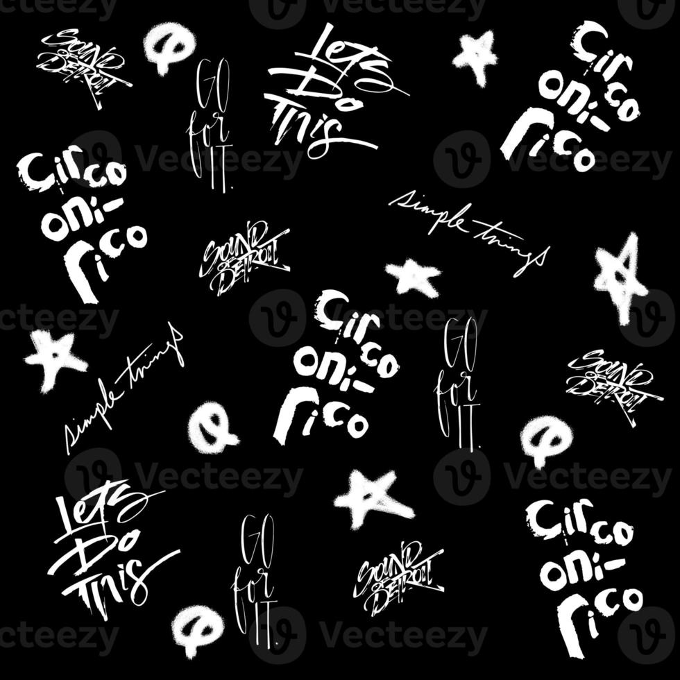 Graffiti seamless pattern with abstract labels, meaningless letters. Fashion hand drawn texture, street art retro style, old school design for t-shirt, textile, wrapping paper, black and white photo