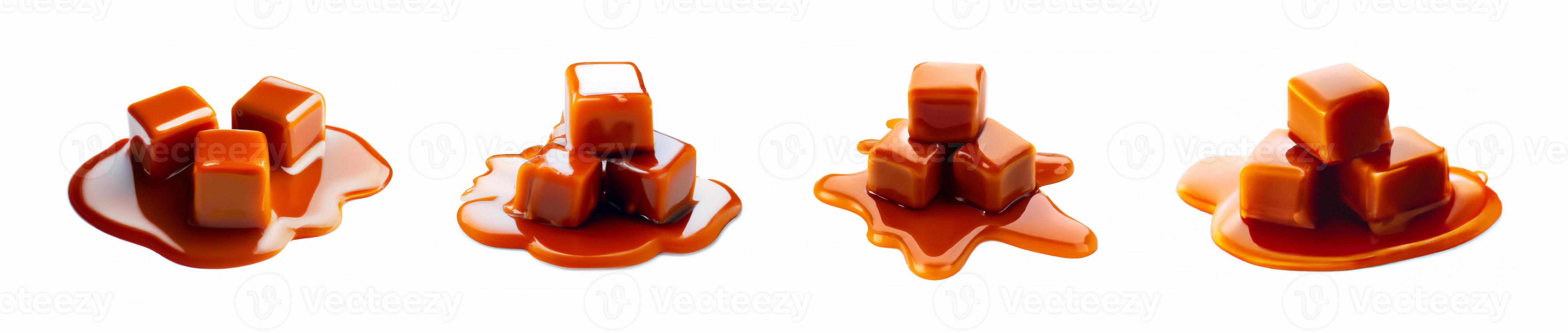 Caramel slice. Close-up of caramel candies with caramel sauce. Isolated on white background. photo