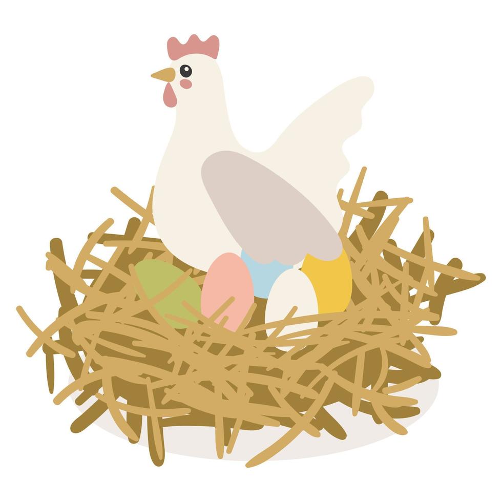 Cartoon cute mom chicken in the nest hatches Easter colored eggs. Simple cartoon isolated vector illustration. Printing an Easter illustration on a postcard, T-shirt.