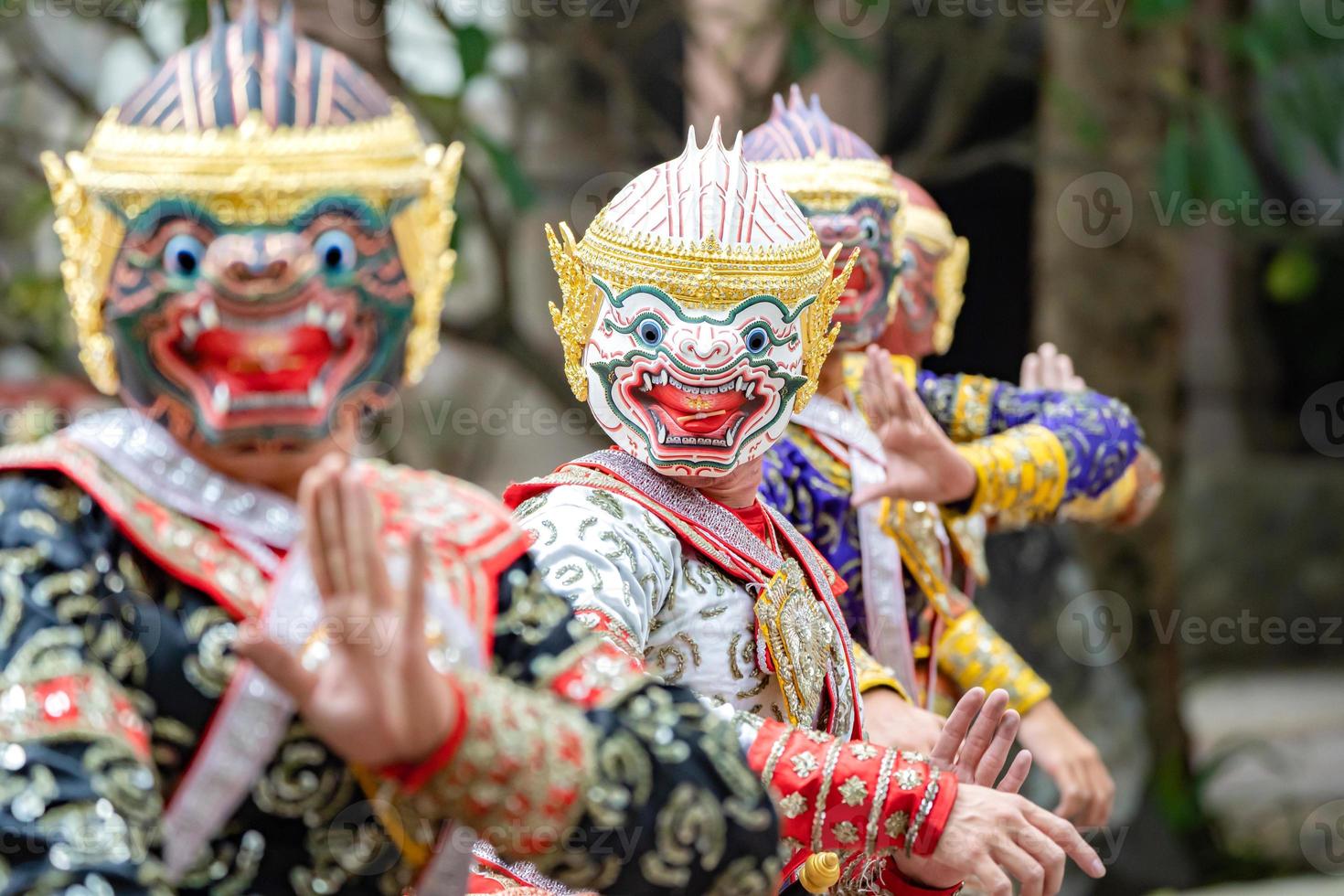The performance of Thai traditional drama story Khon epic, Ramakien or Ramayana with Hanuman white monkey and others. photo
