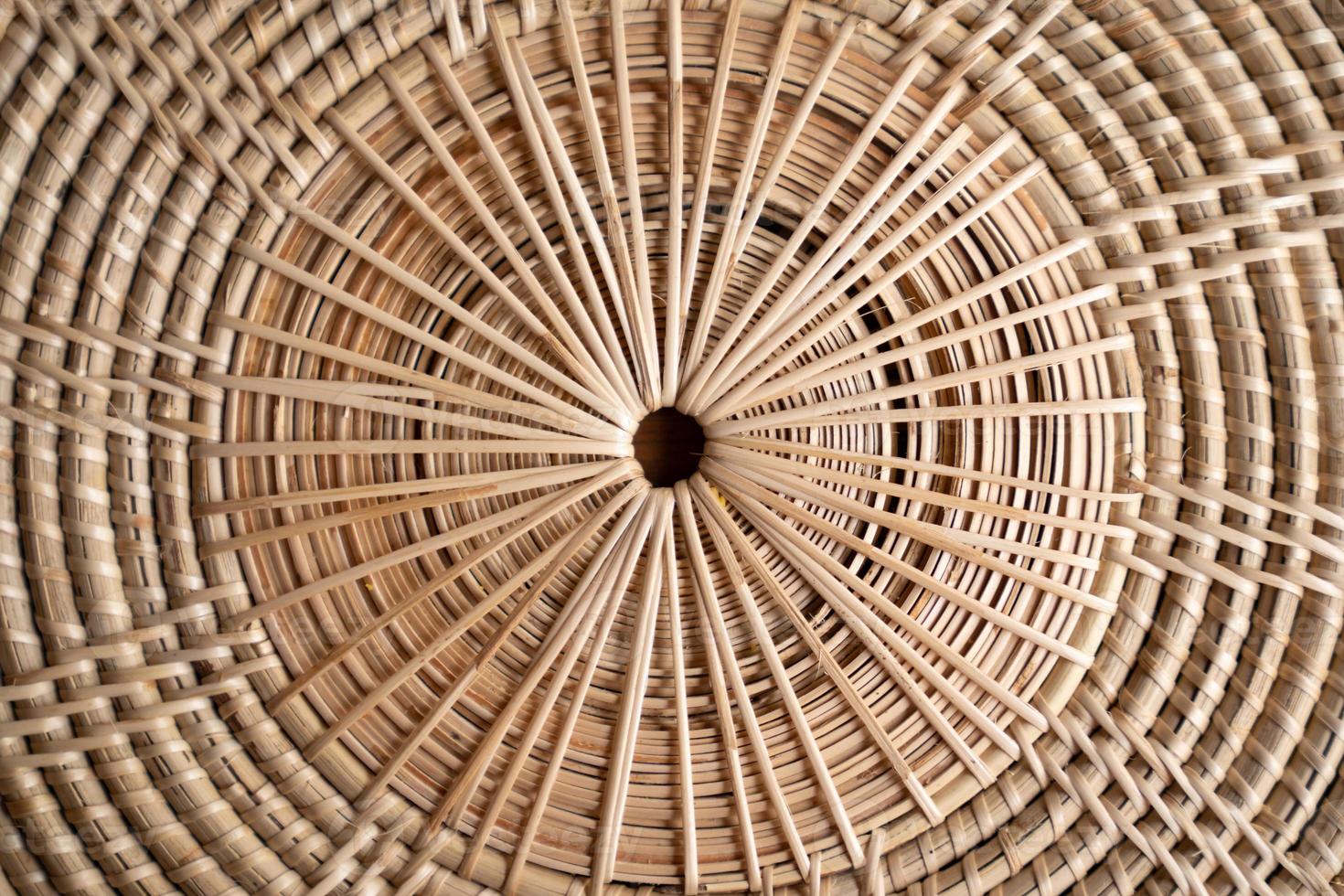 Close up to Round Circle woven straw mat Wicker pattern of local Thai handmade craft. photo