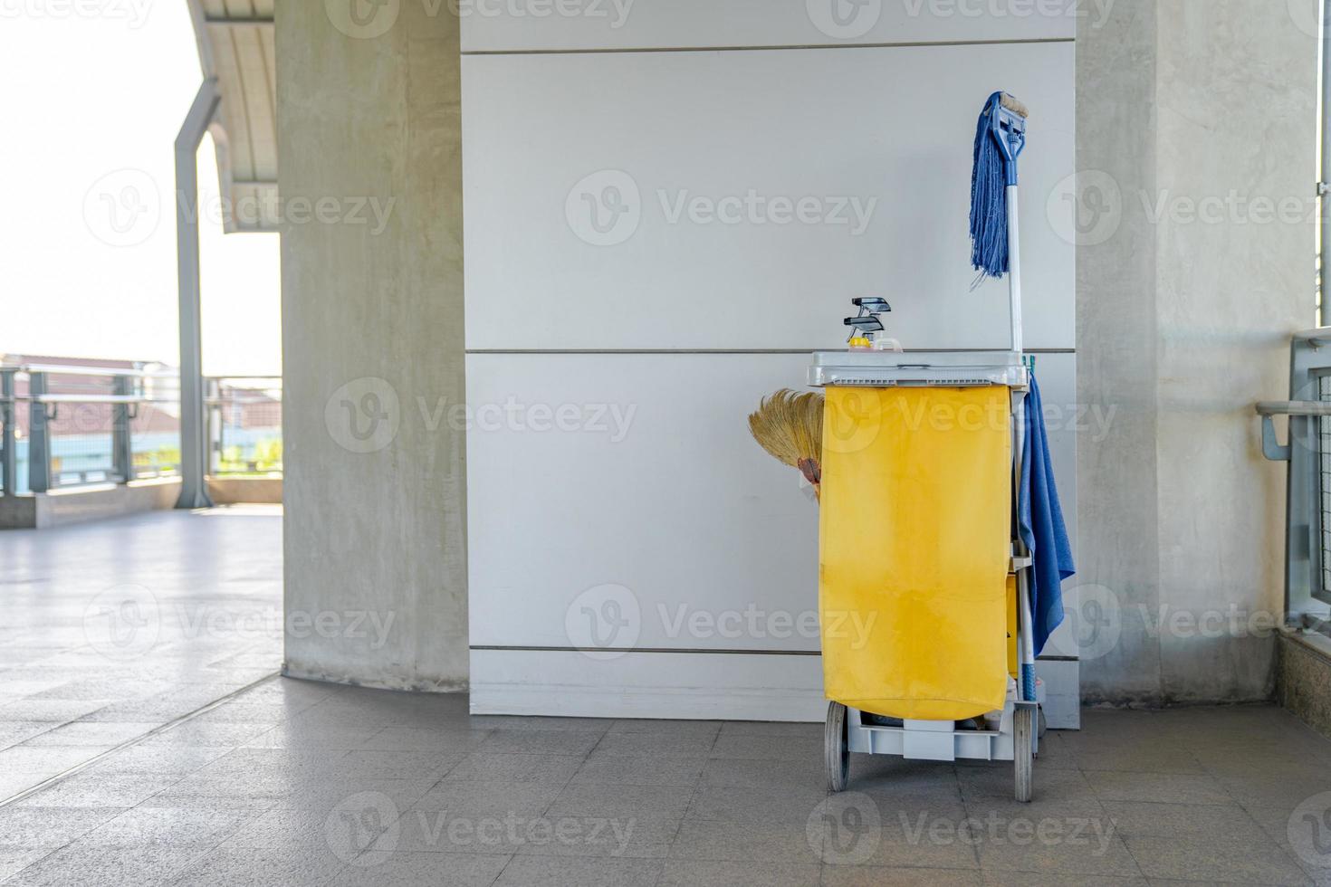 Professional Cleaning Trolley equipment is parked at the outdoor field and ready for everyday use. photo