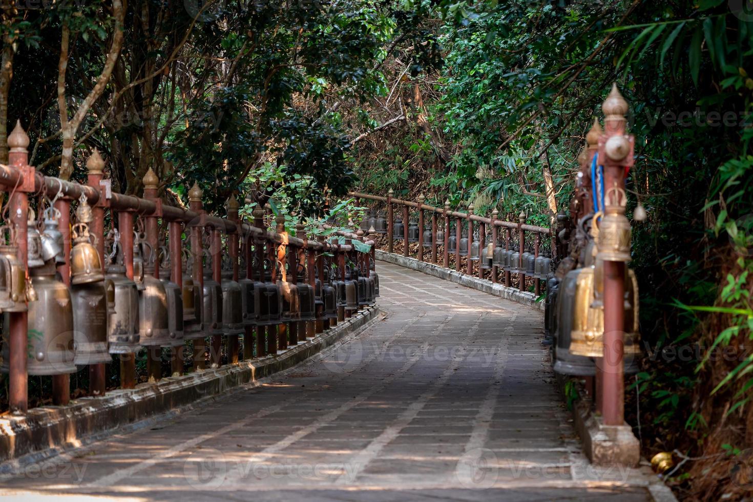 Walkway with the metal bronze bells around and beside of it in the jungle environment, at Wat Phra That Doi Tung temple, Chiang Rai Province, North of Thailand. photo