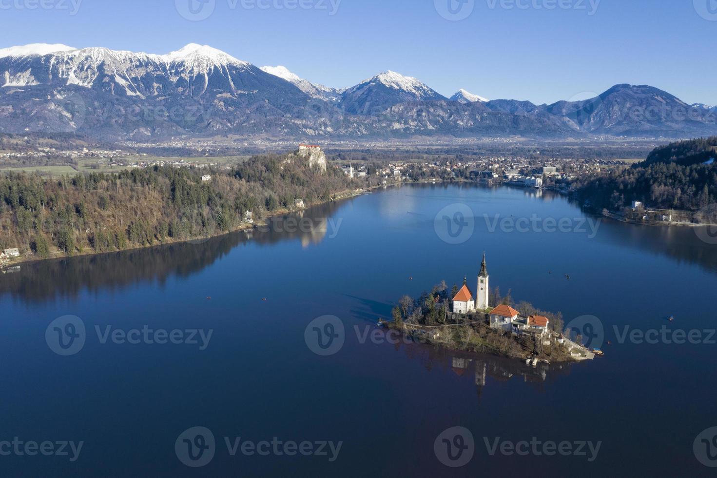 bled lake aerial view panorama in winter photo