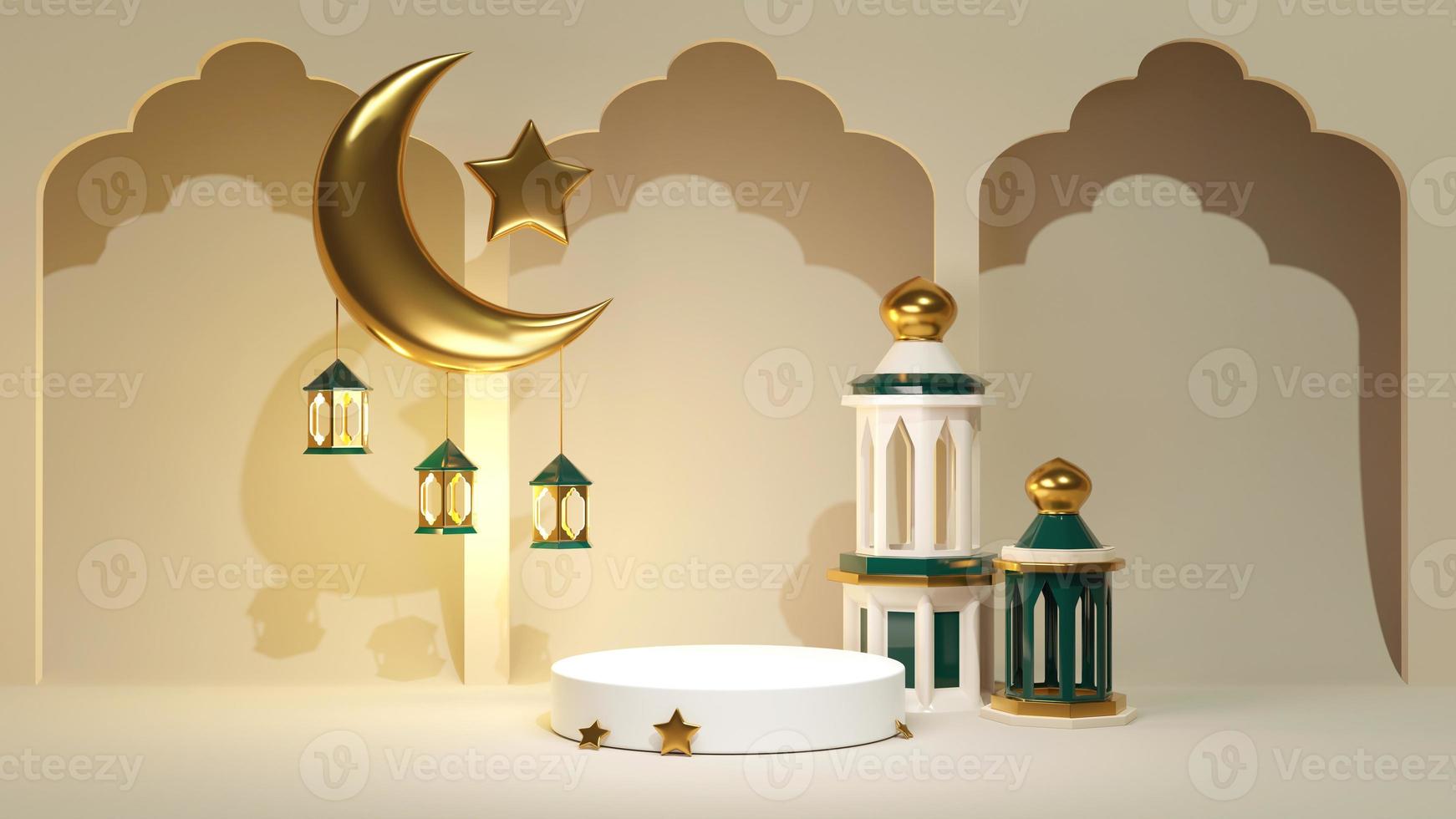 3d render fondo de celebración de ramadan kareem para banner publicitario. puesto de joyería con media luna dorada islámica y estrella con arco. decoración árabe y mezquita cerca del pedestal de exhibición de productos foto