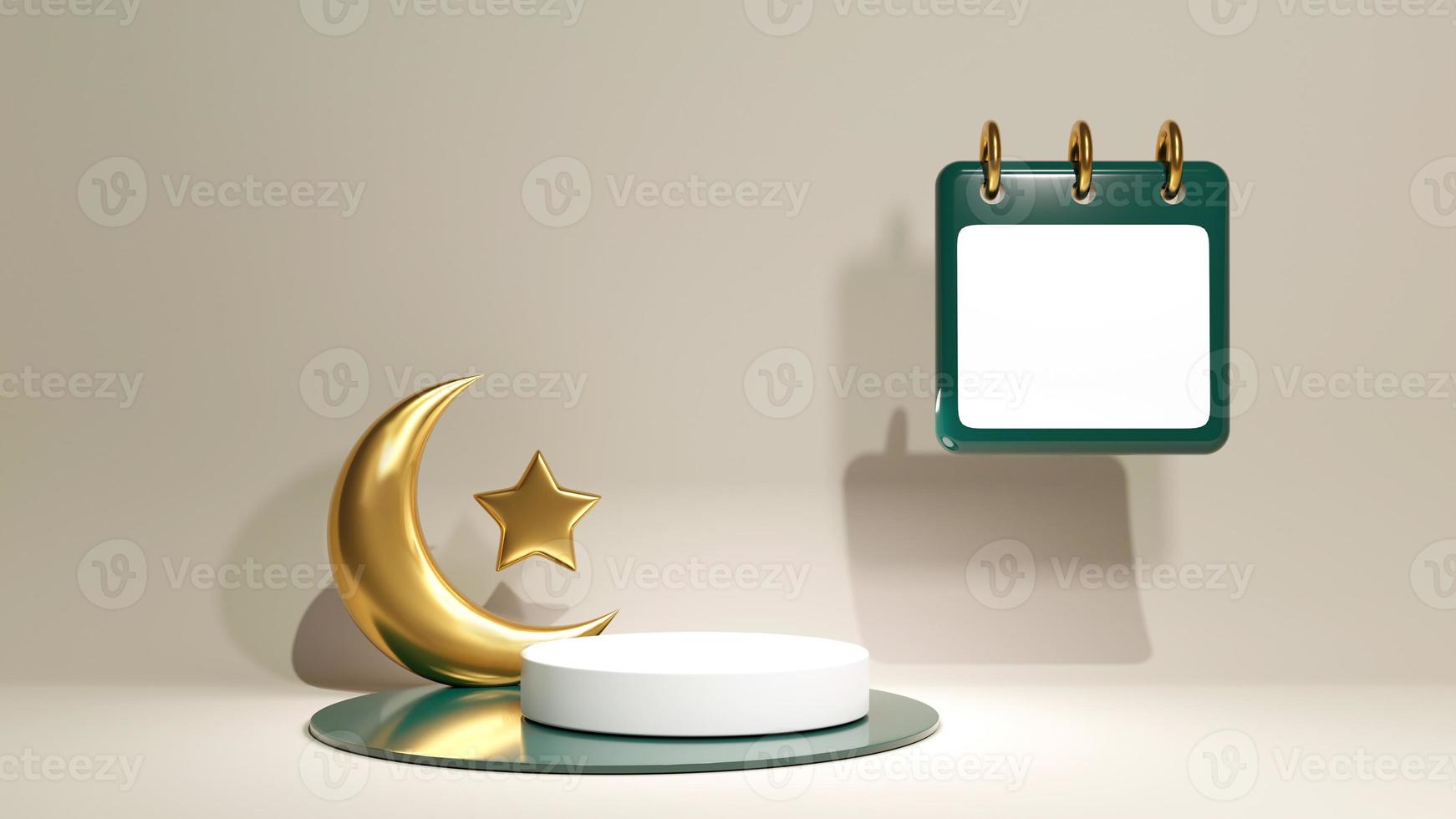 3d render muslim advertising mockup with white podium and golden moon with star. Green calendar pad with white paper on clipboard. Mubarak arabic pedestal photo