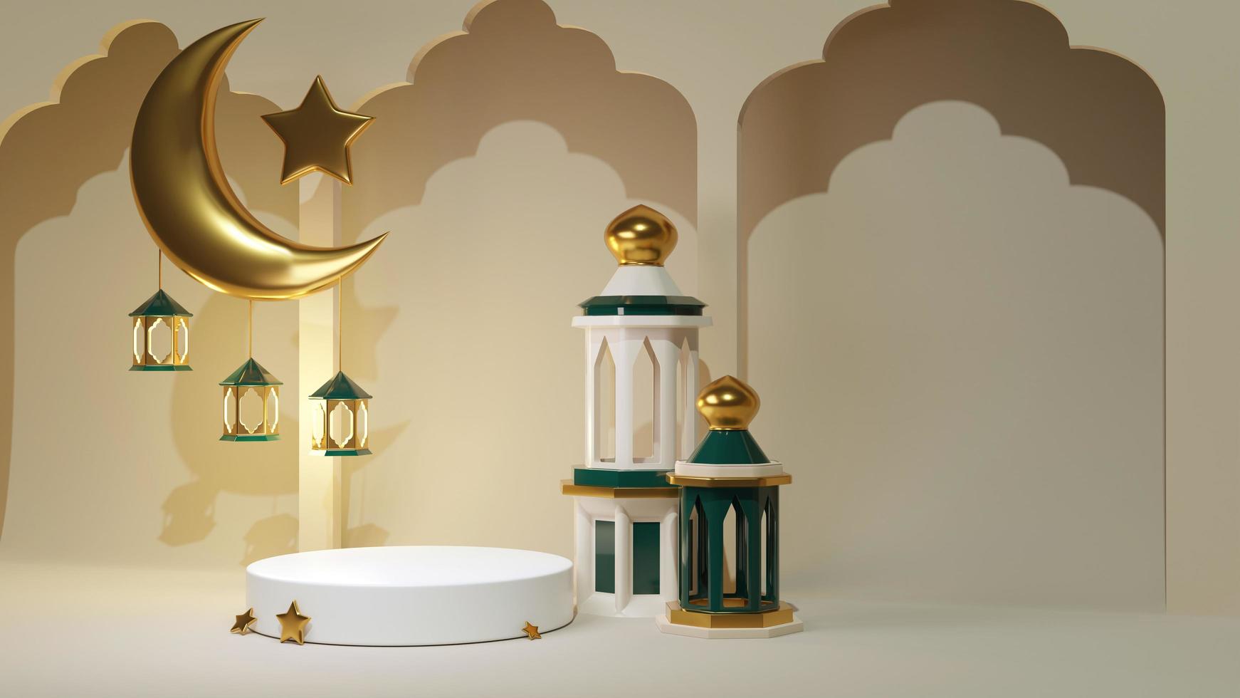 3d render Ramadan Kareem celebration background for advertising banner. Arabic decoration and mosque near product display pedestal.  Jewelry stand with islamic golden crescent and star with arc photo