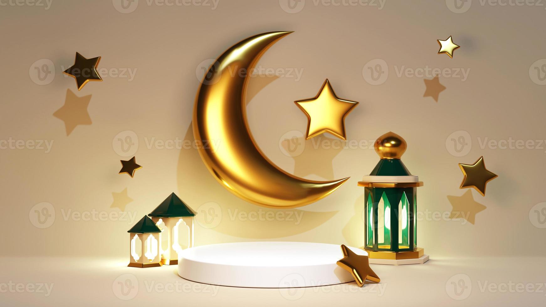 3d render white podium for Ramadan Kareem celebration banner. Islamic jewelry stand with arabic decoration. Green mosque near lantern and golden crescent photo