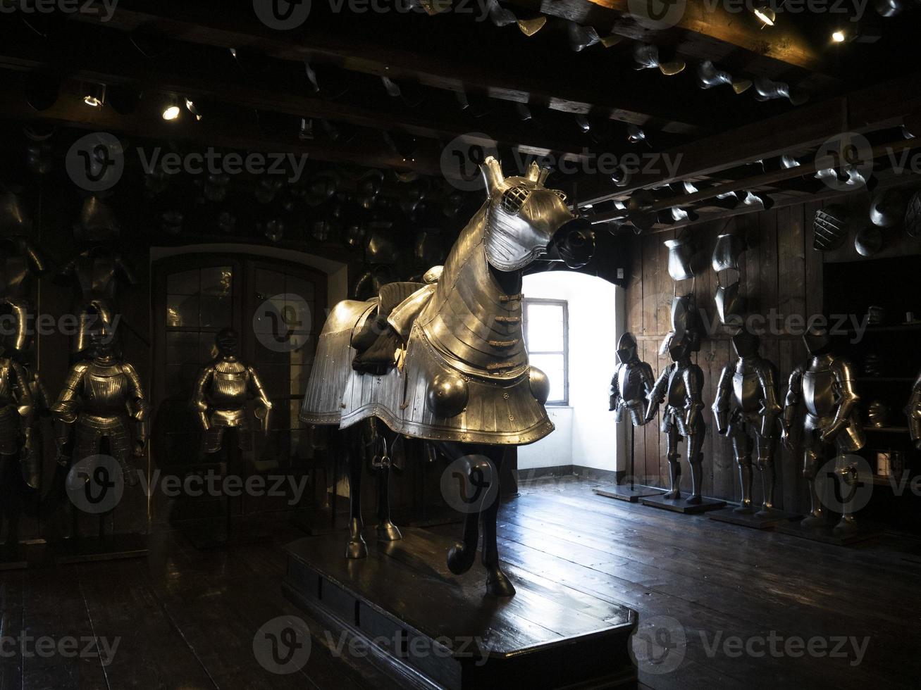 many medieval iron metal horse armor photo