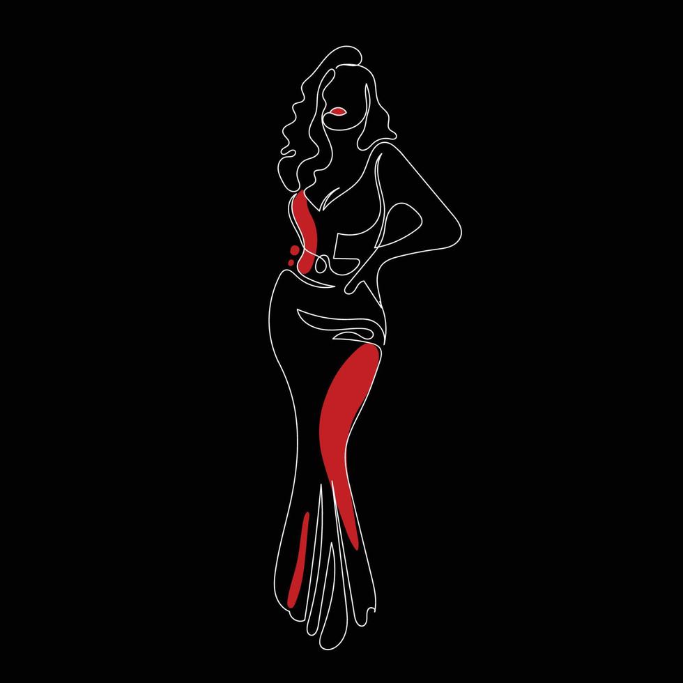 Sexy girl wearing long, evening dress. One line drawing style. Woman in elegant dress standing pose. Fashion hand drawn vector illustration.