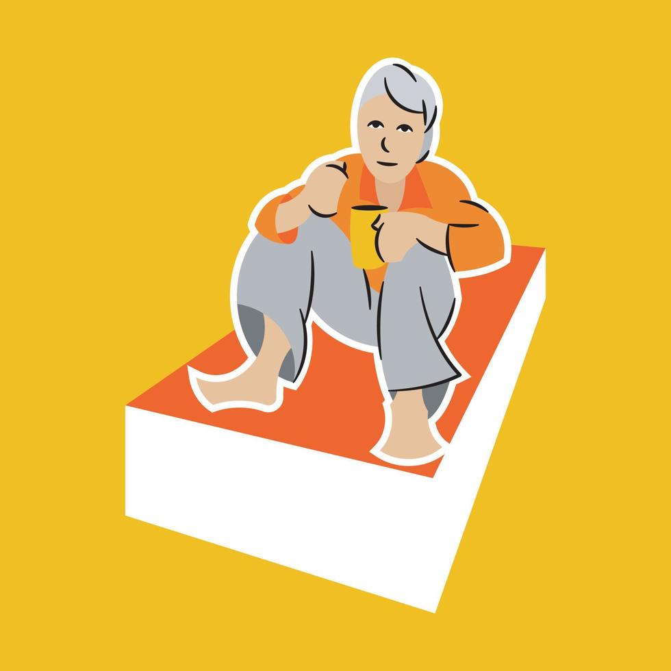 ilustración de una persona sentada en una caja sosteniendo un vaso, diseño vectorial vector