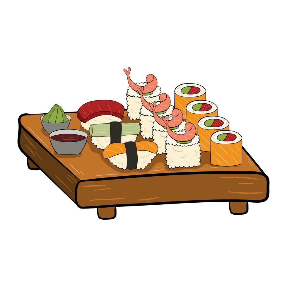 un juego de sushi en el tablero. ilustración vectorial sobre un fondo blanco. vector