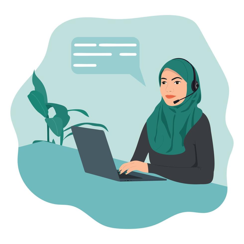 mujer árabe con auriculares y micrófono con laptop. vector