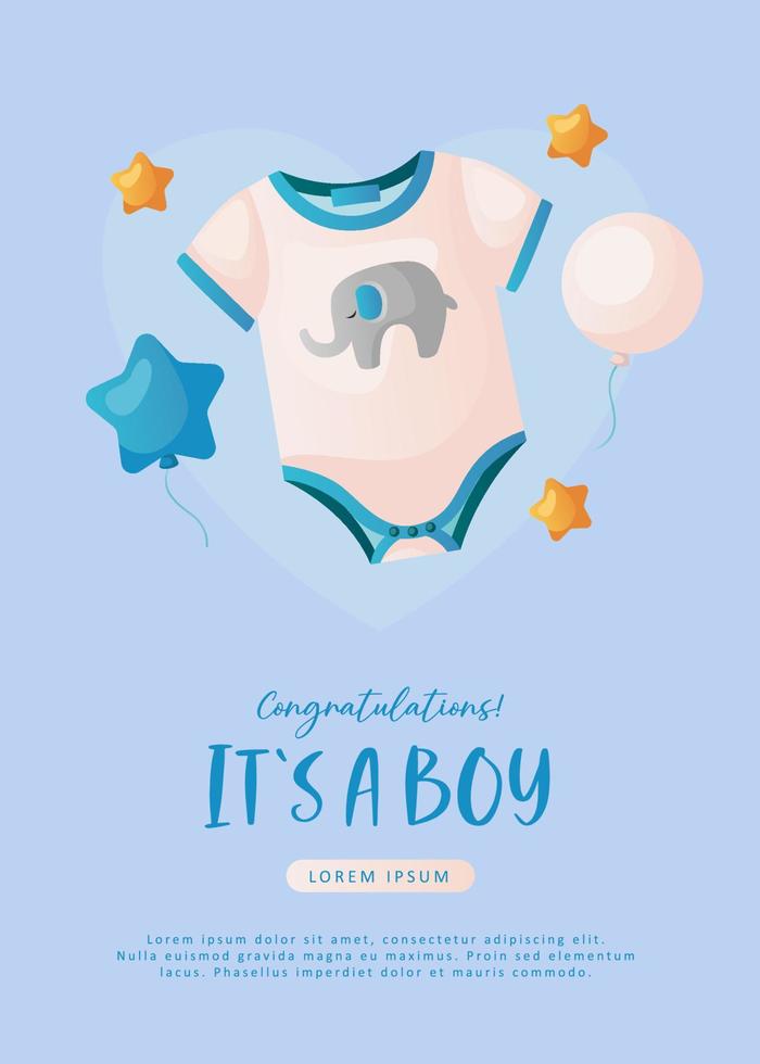 Baby shower invitation with clothes, stars, helium balloons and heart on blue. Lettering It's a boy. Hello baby celebration, holiday, event. Banner, flyer. vector