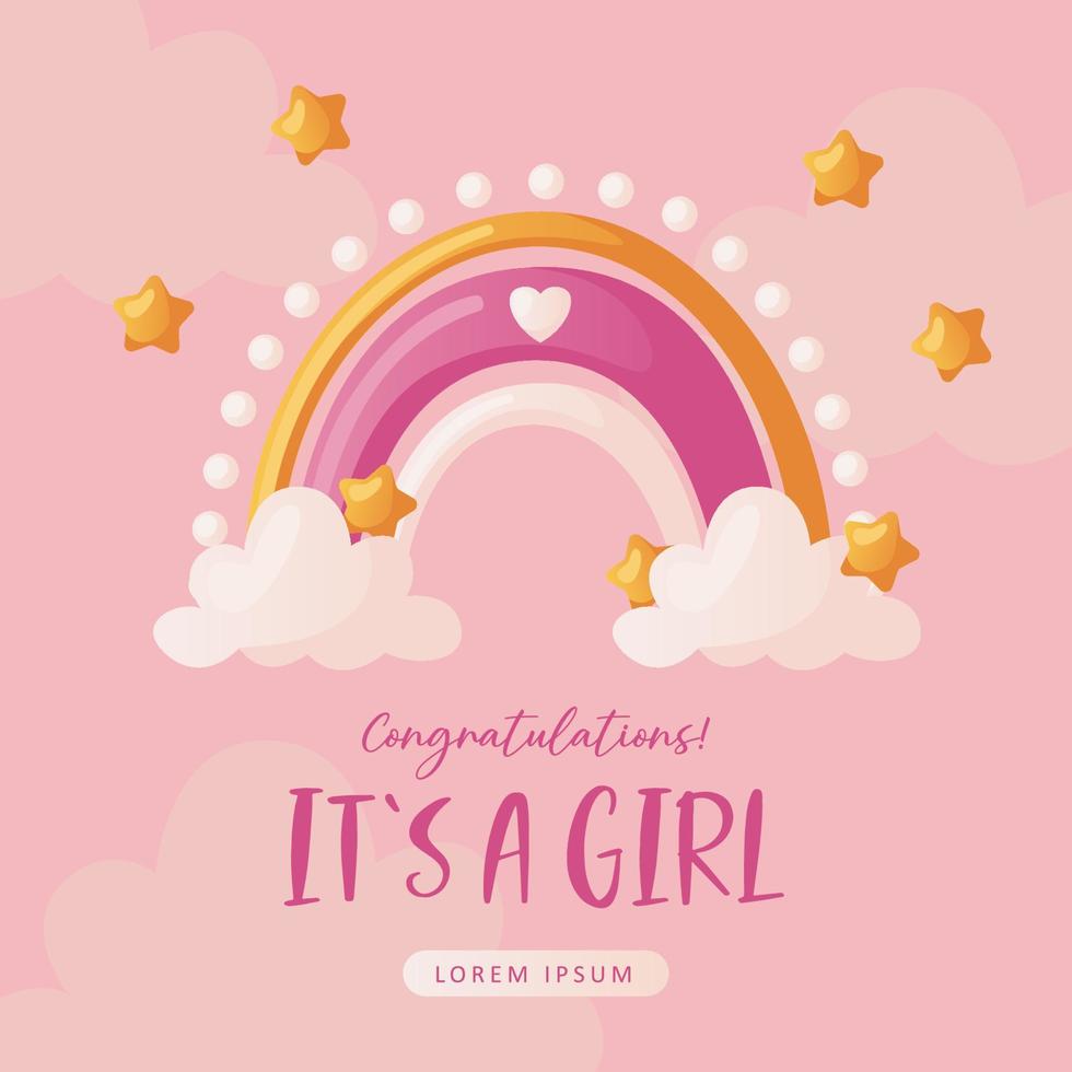 Baby shower invitation with boho rainbow, stars, and clouds on pink. Lettering It's a girl. Hello baby celebration, holiday, event. Banner, flyer. vector
