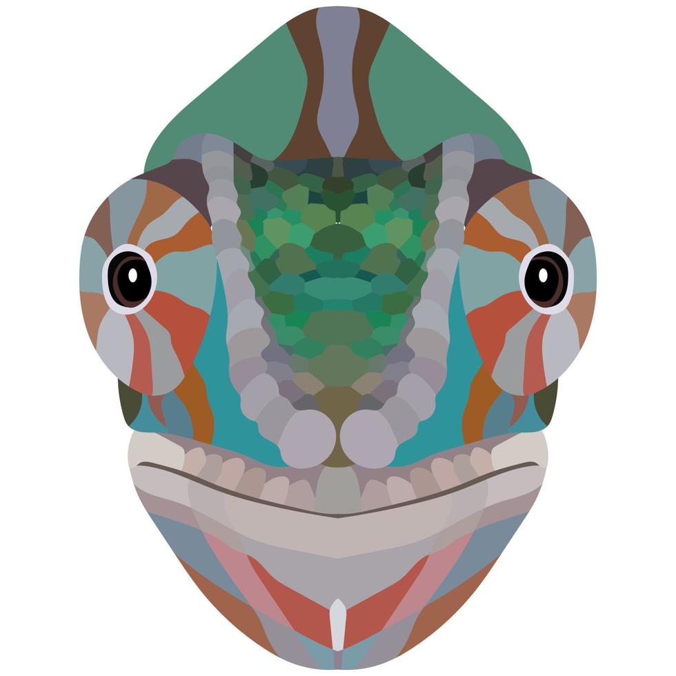 Chameleon head. The portrait of a multicolored lizard is depicted on a white background. Vector graphics.
