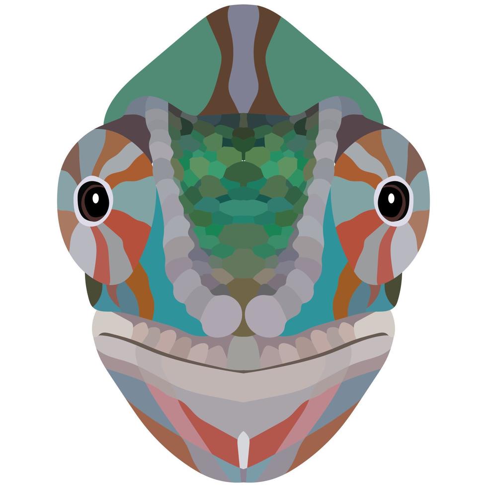 Chameleon head. The portrait of a multicolored lizard is depicted on a white background. Vector graphics.