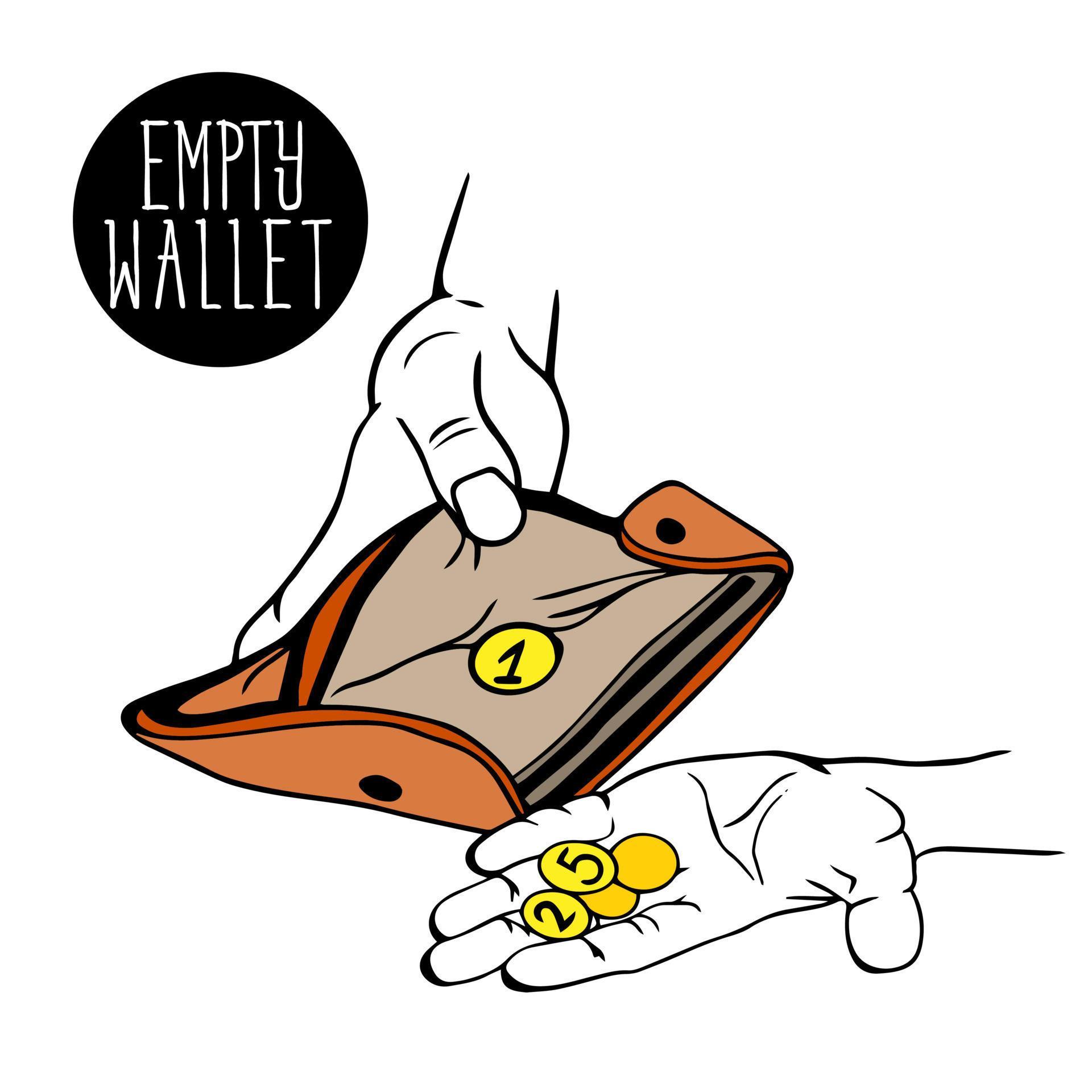 empty wallet icon. purse, wallet with few coins, change, pennies in men