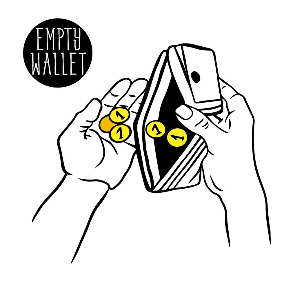hands holding an empty wallet, purse. gold pennies and coins in palm of your hand. global problem of poverty, financial problems and business bankruptcy. No budget. unemployed. empty wallet icon. vector
