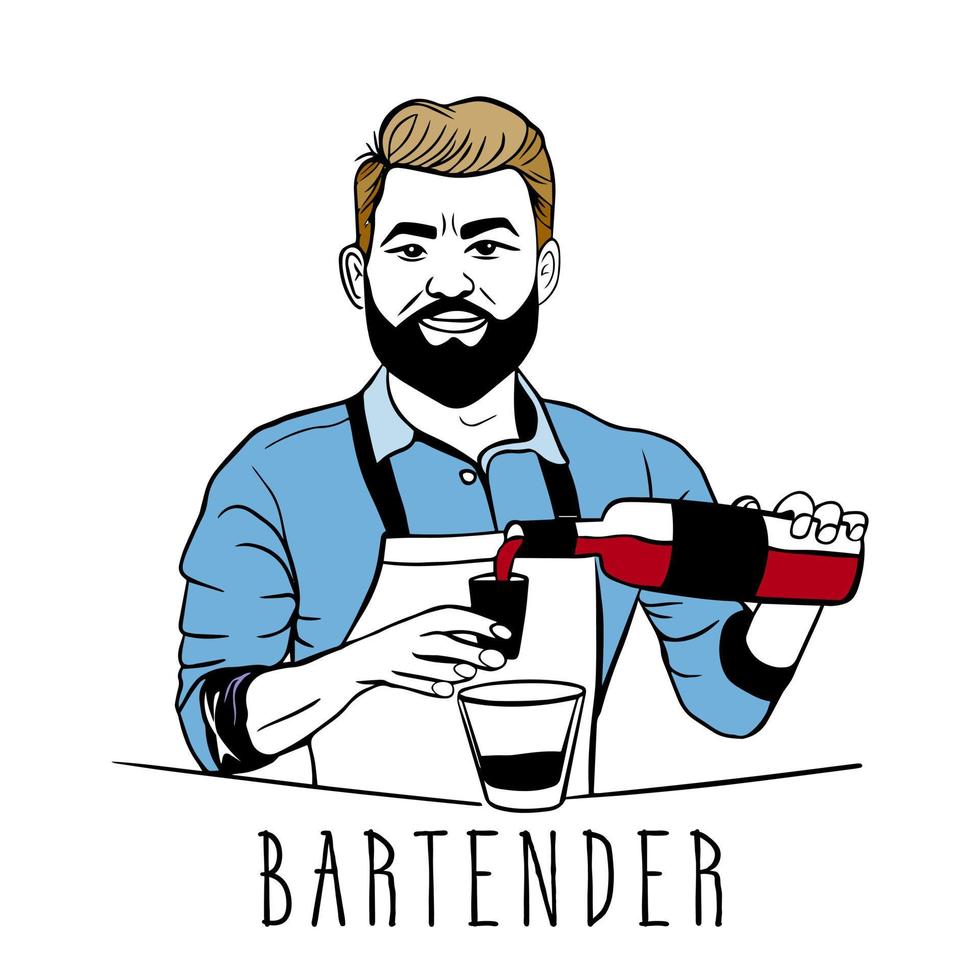 el hombre vierte vino tinto de una botella en un jigger mientras prepara cócteles y bebidas alcohólicas en un bar o pub. personal de servicio, barman profesional, barista. día del barman. estilo garabato. vector