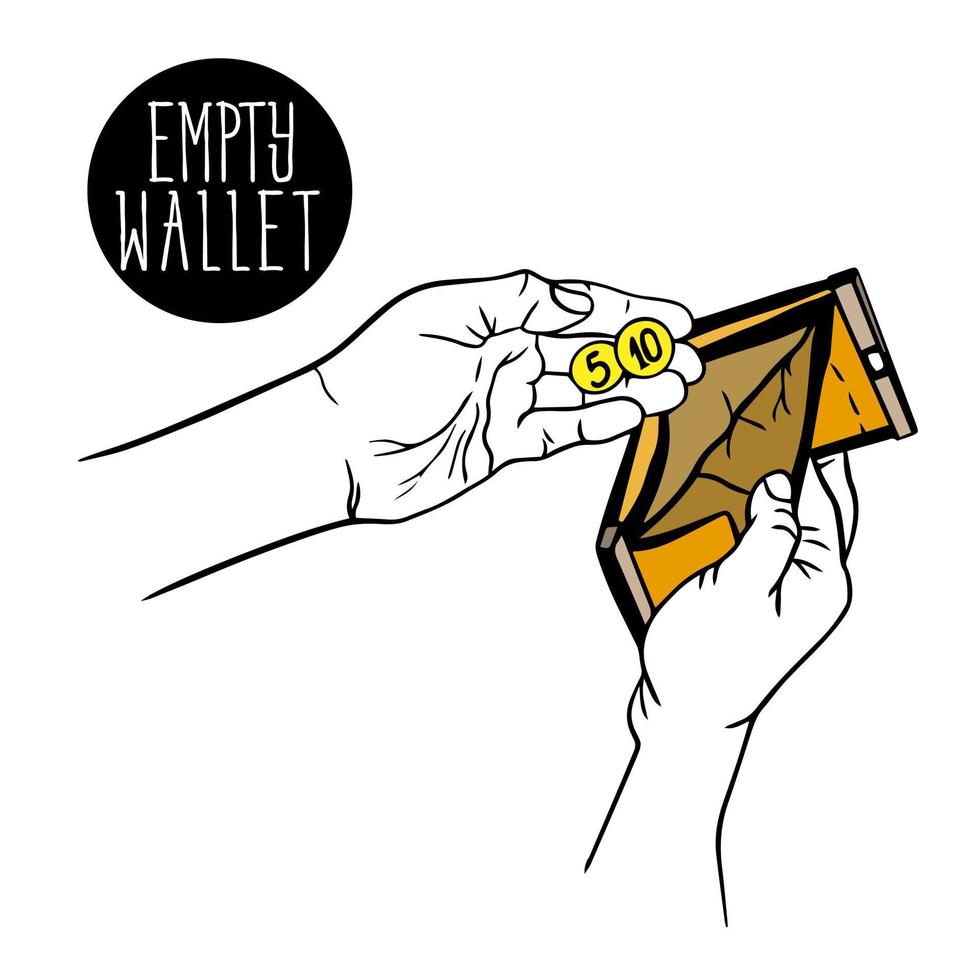 empty wallet icon. wallet with two coins in men's hands. The global problem of poverty, financial problems and concept of business bankruptcy. Financial downturn, unemployed. No budget. vector