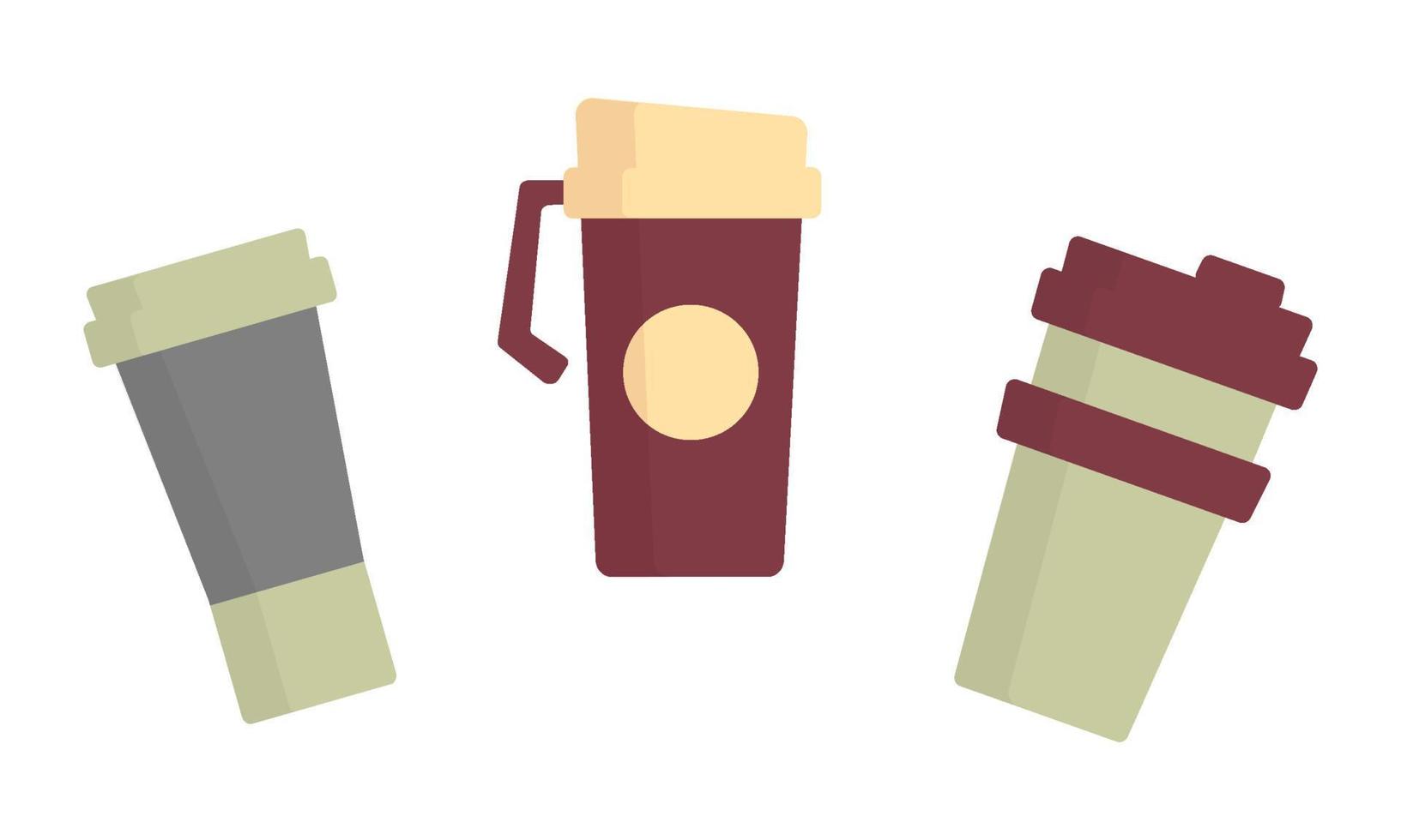 juego de botellas de café. ilustración plana de una taza para beber, agua. taza de viaje vectorial para té y vaso vector