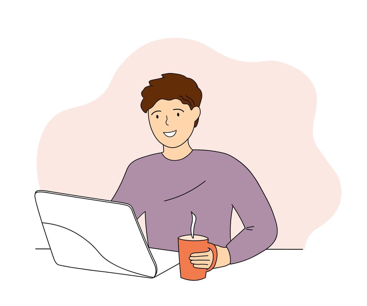 A man is sitting at a laptop. The guy works, studies, communicates virtually. Vector graphics.