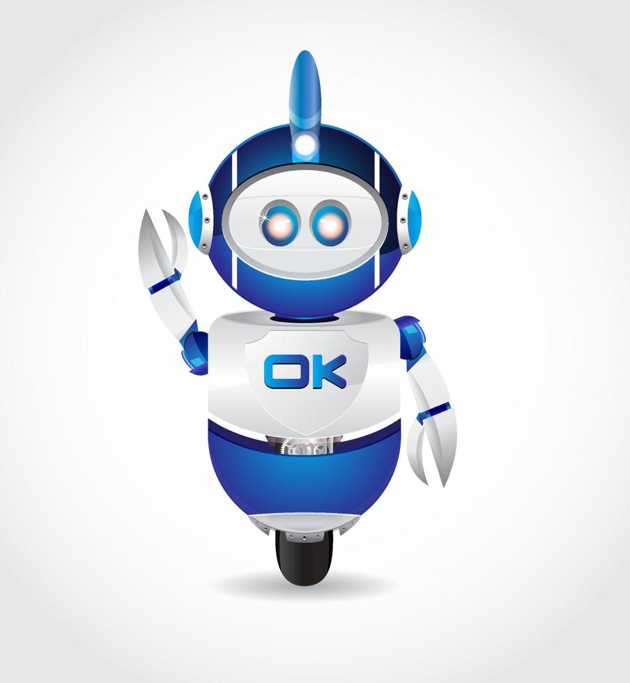 cartoon illustration blue white robot waving hand and ok sign in chest vector