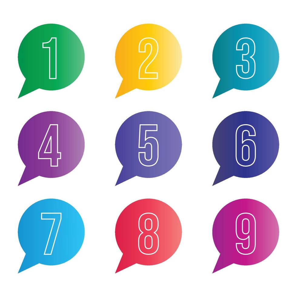 Set of bullet points numbers from one to nine in gradient shapes vector