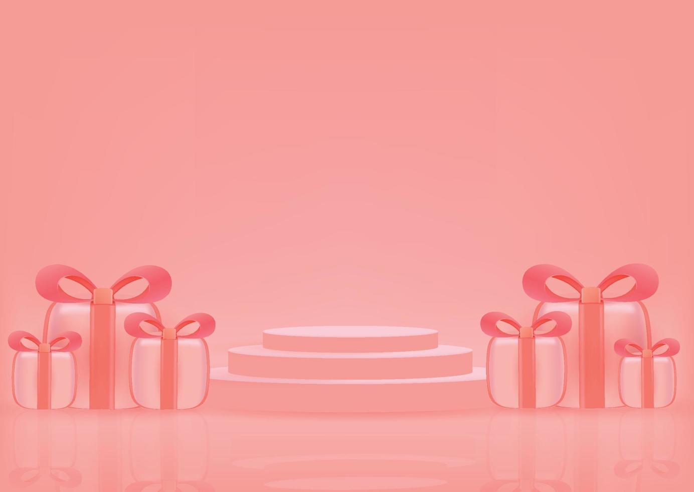 vacaciones, presente, fondo de celebración con producto de podio 3d con cajas de regalo rosas aisladas en 3d vector