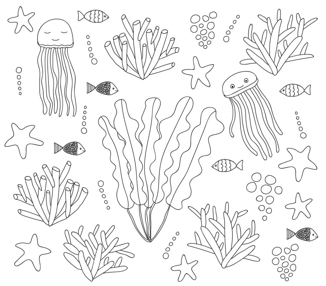 Seaweed and jellyfish vector set. Doodle seaweed, jellyfish, little fish, coral, seagrass, starfish, bubbles. Hand drawn sea life elements isolated. Cute doodle stickers.