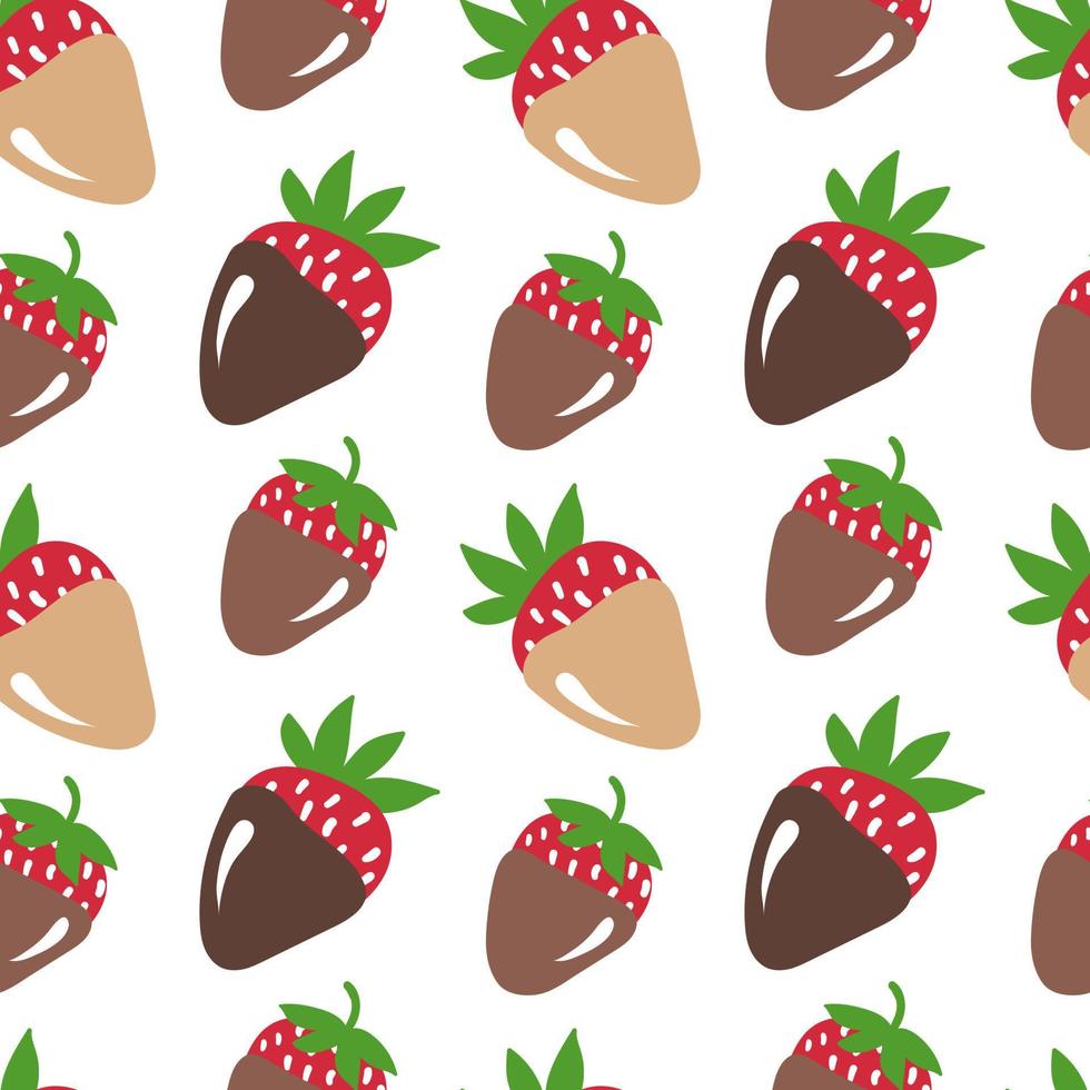 Strawberry in white and dark chocolate. Vector seamless pattern with dessert. Cute doodle strawberries isolated. Milk chocolate strawberry.