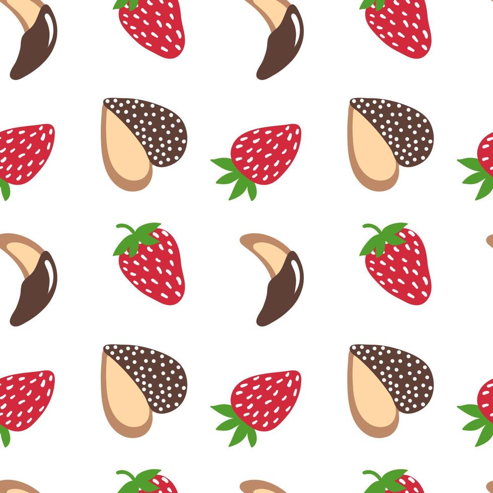 Strawberry and cookie. Doodle strawberry in chocolate and heart cookie background. Vector seamless pattern.