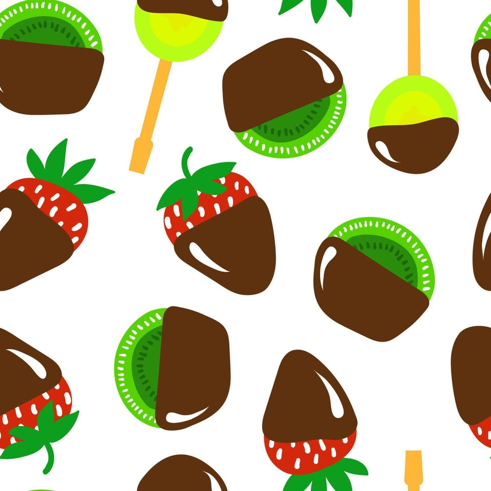 Fruits in chocolate. Strawberry, kiwi fruit, banana slice in dark chocolate. Vector seamless pattern.
