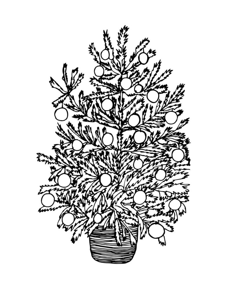 Christmas tree line art sketch. Hand drawn doodle Christmas tree with cute decor. vector