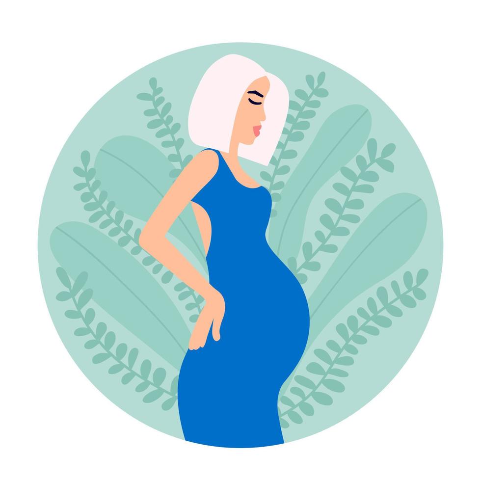 Vector pregnant woman illustration. Blond hair pregnant woman. Pregnancy concept. Motherhood, maternity. Green leaves background.