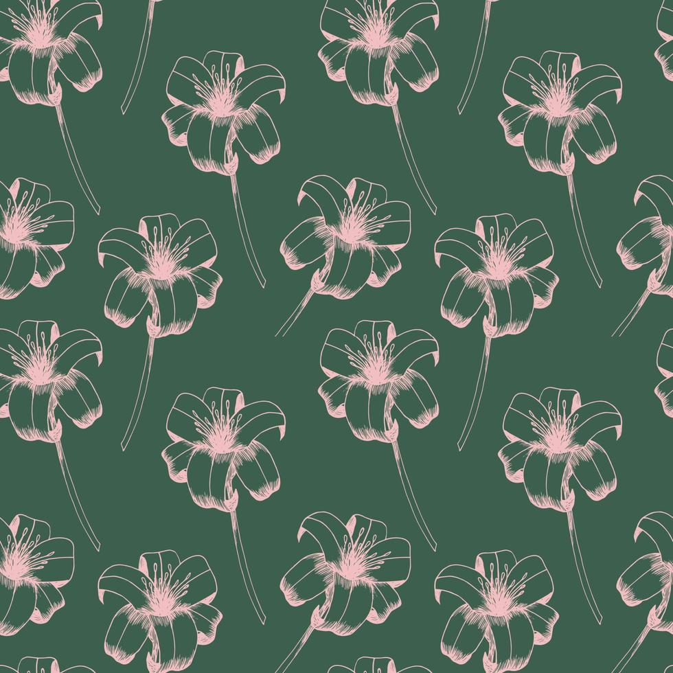 Daylily vector seamless pattern. Hand drawn pastel pink flowers of day lily on dark green background. Design for wedding decor, wallpapers, curtains, textile, wrapping paper.