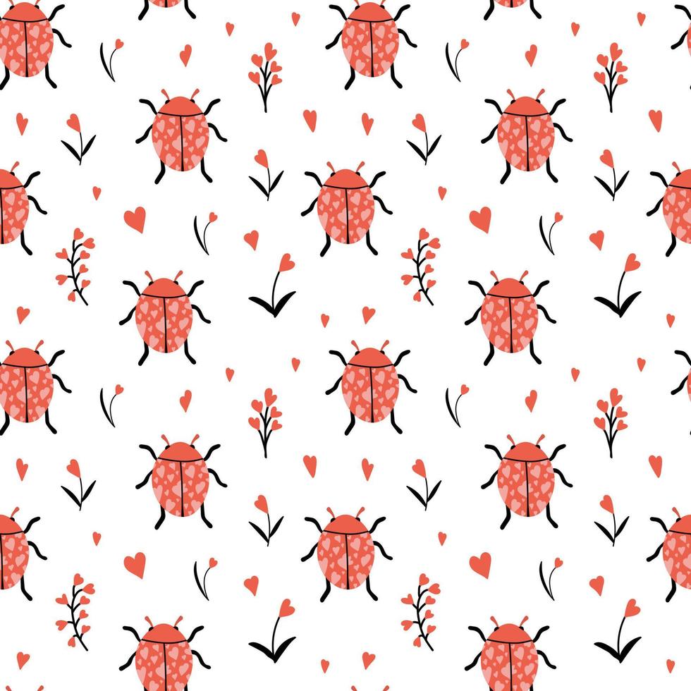 Ladybirds vector seamless pattern. Cute red ladybug and flowers isolated on white background. Design for home decor, textile, kitchen decor, wrapping paper, cards.