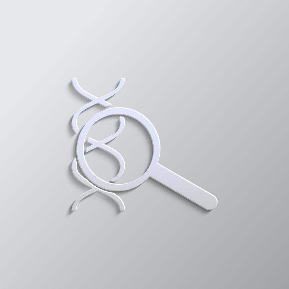Dna, magnifier, icon paper style. Grey color vector background- Paper style vector icon