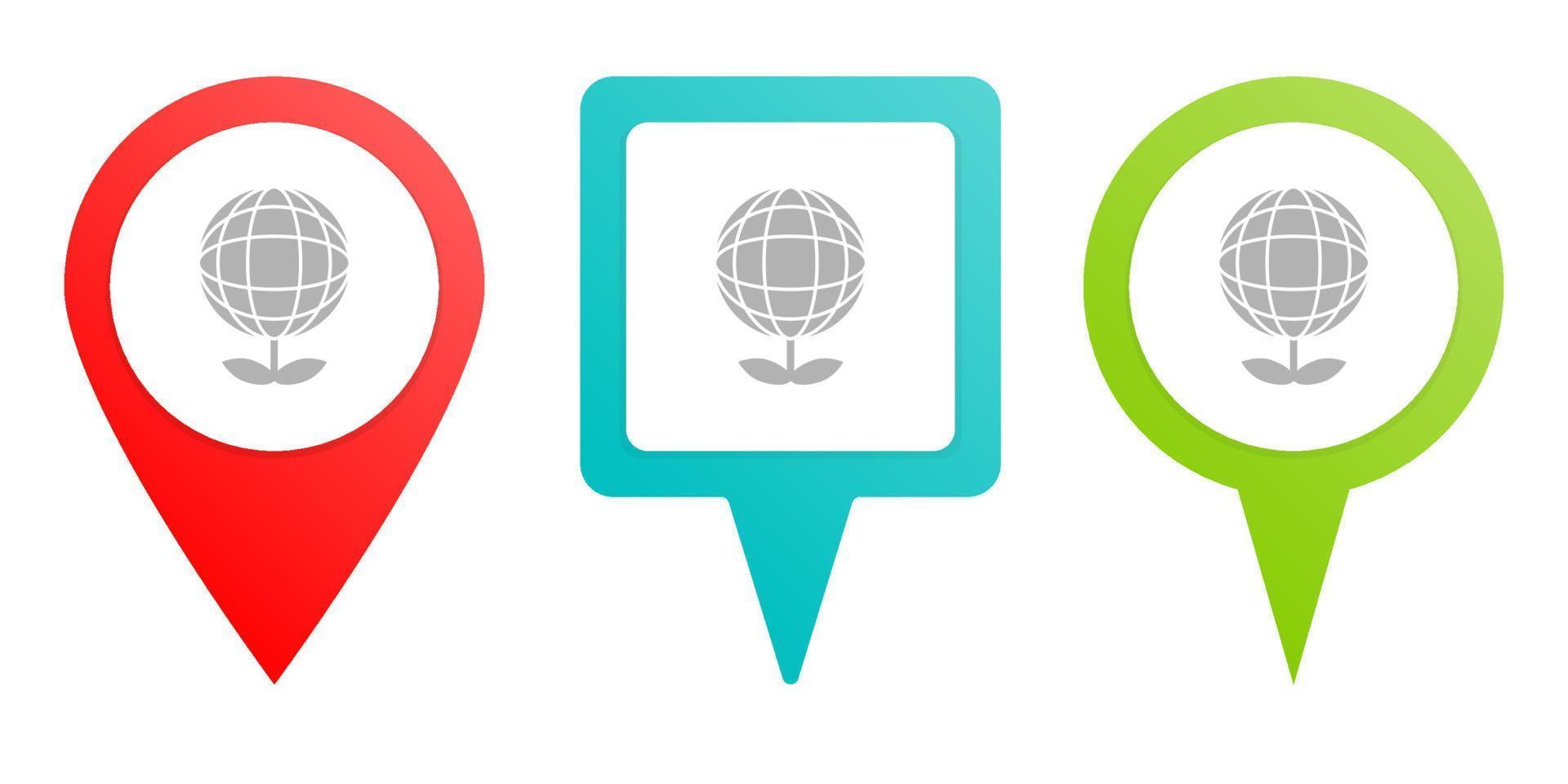 Ecology. Multicolor pin vector icon, diferent type map and navigation point. on white background