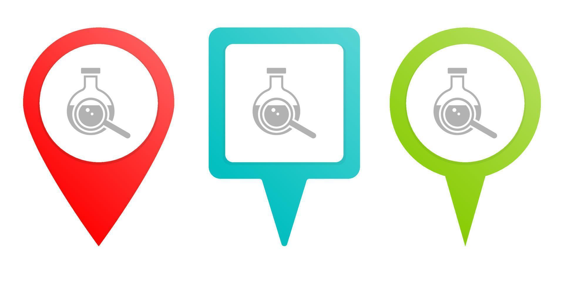 Flask. Multicolor pin vector icon, diferent type map and navigation point. on white background