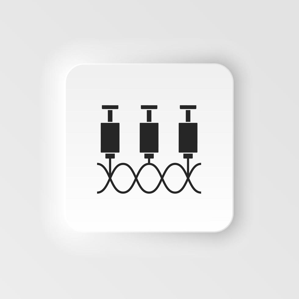 Genes, syringe. Bioengineering neumorphic style vector icon. Biotechnology for health, researching. Molecular biology, biomedical and molecular engineering Neumorphism, neumorphic style icon