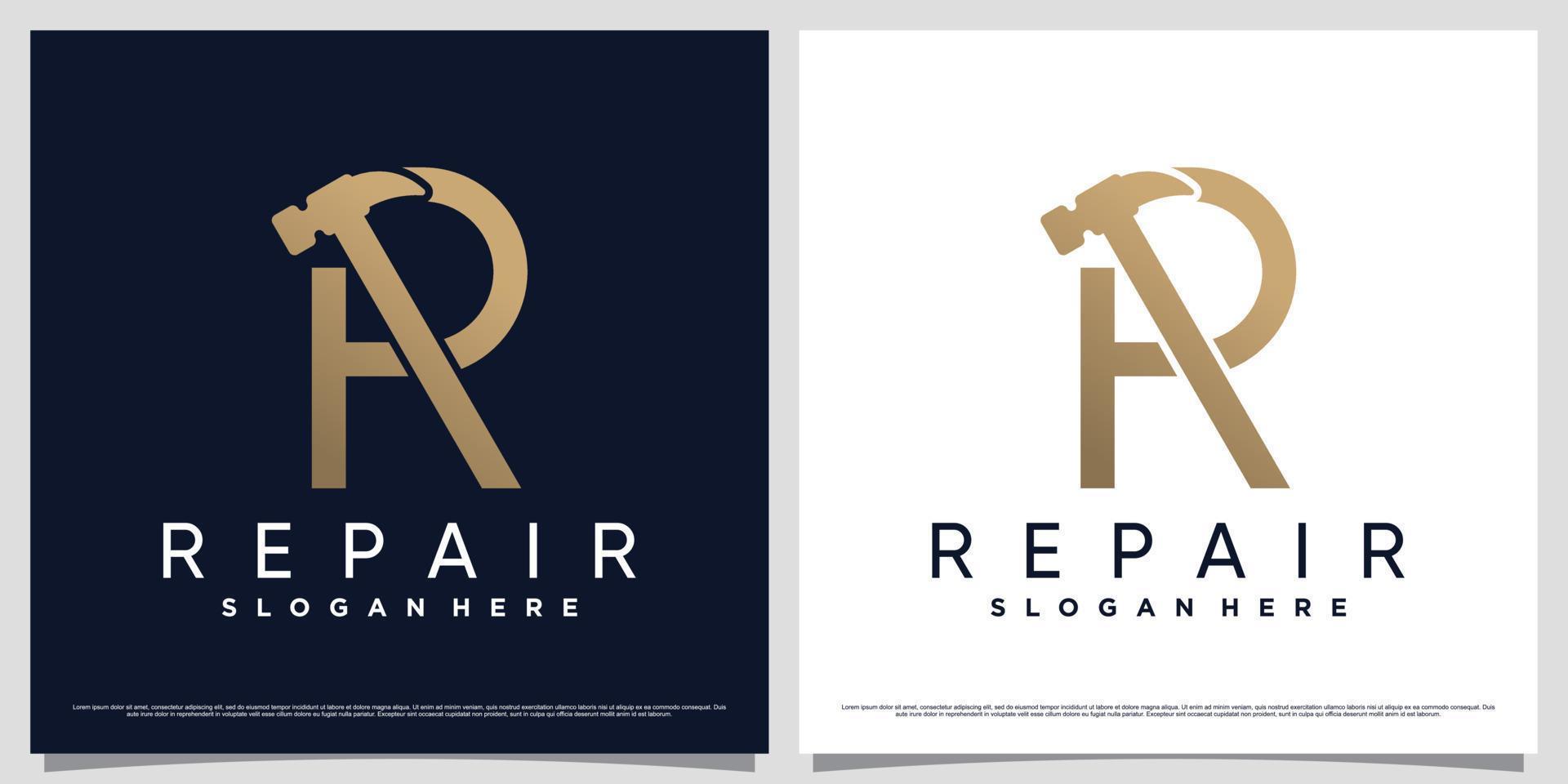 Repair logo design template with initial letter r and hammer icon vector