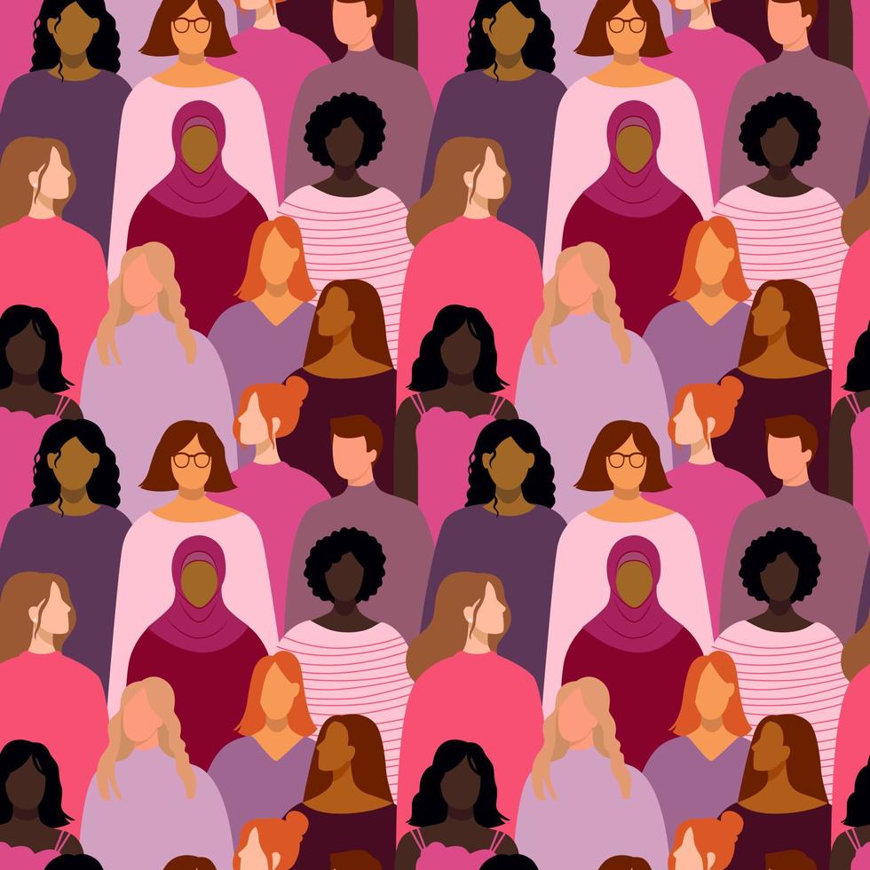 Female diverse faces of different ethnicity. Vector seamless drawing with women of different nationalities and cultures. Women's struggle for freedom, independence, equality.