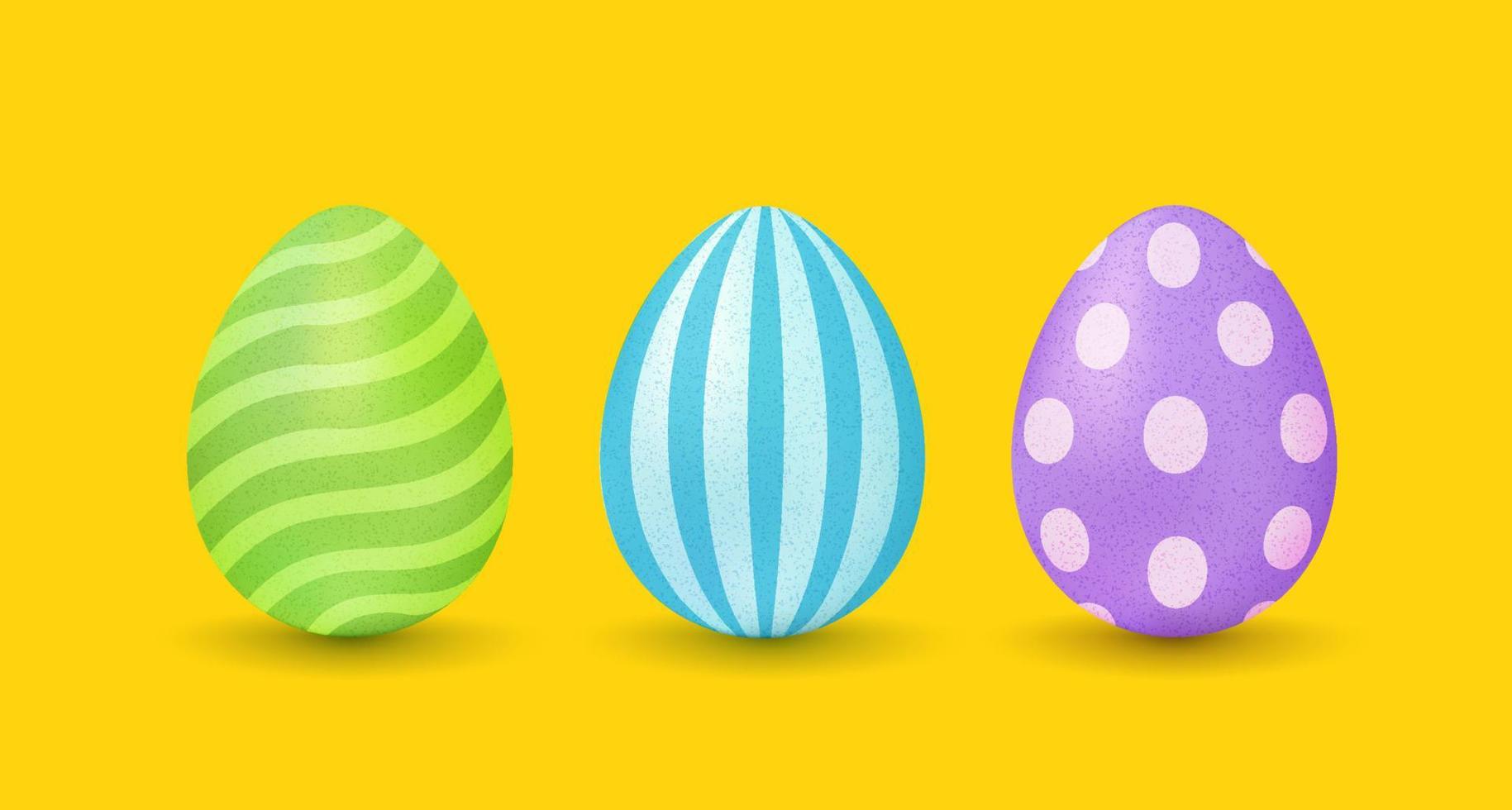 Vector set realistic colorful eggs for Easter. Colorful eggs with patterns on yellow background.